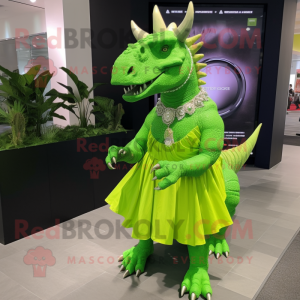 Lime Green Triceratops mascot costume character dressed with a Maxi Dress and Bracelet watches