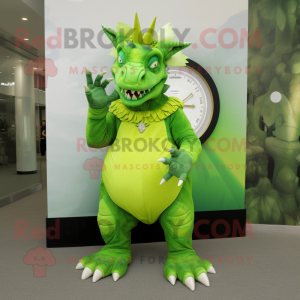 Lime Green Triceratops mascot costume character dressed with a Maxi Dress and Bracelet watches