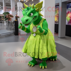 Lime Green Triceratops mascot costume character dressed with a Maxi Dress and Bracelet watches