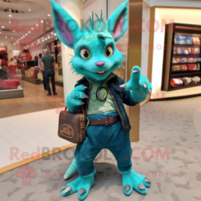 Turquoise Chupacabra mascot costume character dressed with a Cargo Pants and Belts