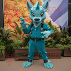 Turquoise Chupacabra mascot costume character dressed with a Cargo Pants and Belts