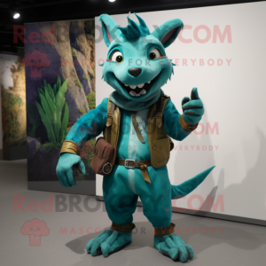 Turquoise Chupacabra mascot costume character dressed with a Cargo Pants and Belts