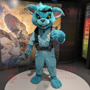 Turquoise Chupacabra mascot costume character dressed with a Cargo Pants and Belts