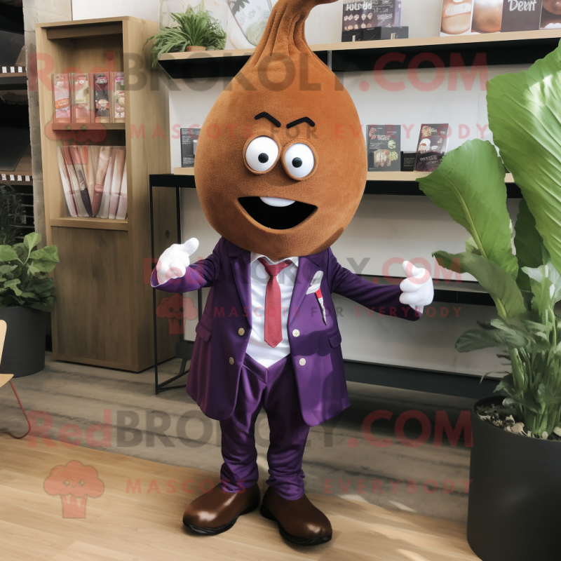 Rust Eggplant mascot costume character dressed with a Blazer and Hair clips