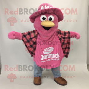 Pink Jambalaya mascot costume character dressed with a Flannel Shirt and Shawl pins