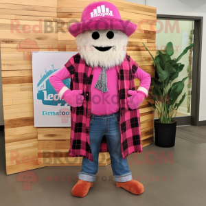 Pink Jambalaya mascot costume character dressed with a Flannel Shirt and Shawl pins