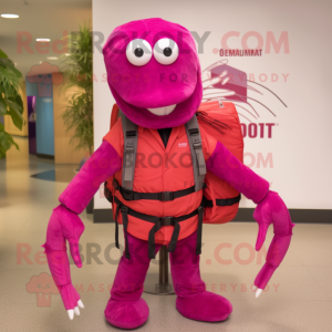 Magenta Shrimp Scampi mascot costume character dressed with a Cargo Pants and Backpacks