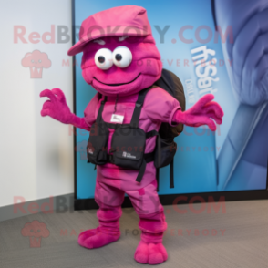 Magenta Shrimp Scampi mascot costume character dressed with a Cargo Pants and Backpacks