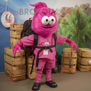 Magenta Shrimp Scampi mascot costume character dressed with a Cargo Pants and Backpacks