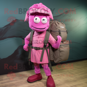 Magenta Shrimp Scampi mascot costume character dressed with a Cargo Pants and Backpacks
