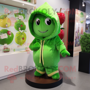 Green Cherry mascot costume character dressed with a Hoodie and Earrings