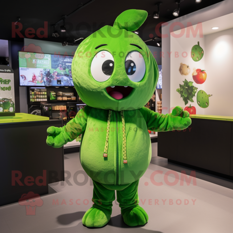 Green Cherry mascot costume character dressed with a Hoodie and Earrings