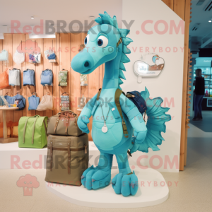 Cyan Sea Horse mascot costume character dressed with a Cargo Shorts and Handbags