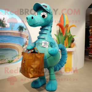 Cyan Sea Horse mascot costume character dressed with a Cargo Shorts and Handbags