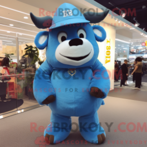 Fantasia de mascote de bisão azul-céu com macacão e bonés - Mascotes de bisão - REBROKO_317355 - RedBrokoly.com