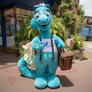 Cyan Sea Horse mascot costume character dressed with a Cargo Shorts and Handbags