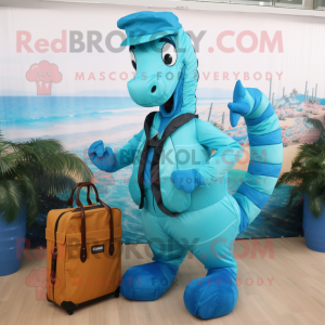 Cyan Sea Horse mascot costume character dressed with a Cargo Shorts and Handbags