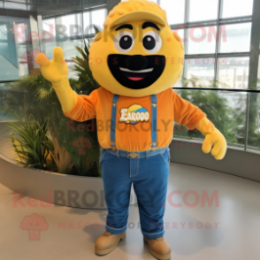 Gold Paella mascot costume character dressed with a Denim Shirt and Bracelet watches