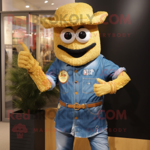 Gold Paella mascot costume character dressed with a Denim Shirt and Bracelet watches