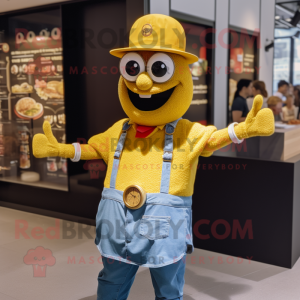 Gold Paella mascot costume character dressed with a Denim Shirt and Bracelet watches