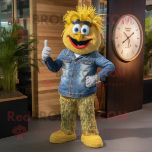 Gold Paella mascot costume character dressed with a Denim Shirt and Bracelet watches