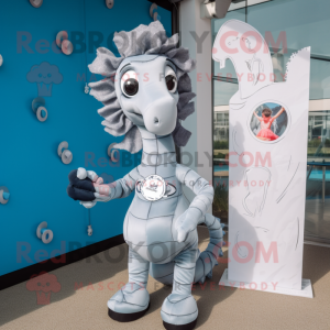 Silver Sea Horse mascot costume character dressed with a Playsuit and Hairpins