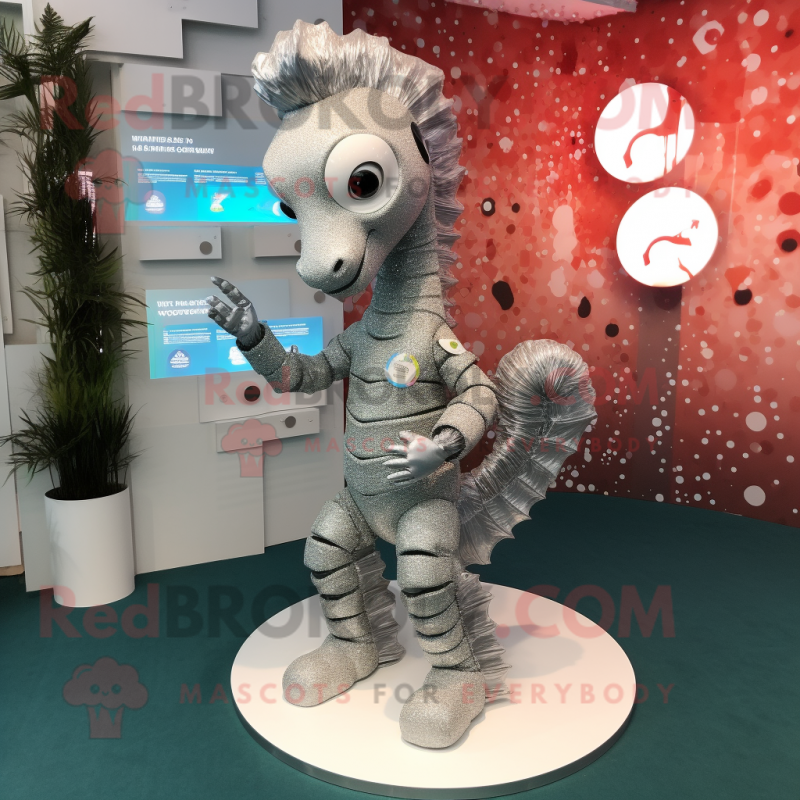 Silver Sea Horse mascot costume character dressed with a Playsuit and Hairpins Silver Sea Horse mascot costume character dressed with a Playsuit and Hairpins