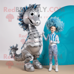 Silver Sea Horse mascot costume character dressed with a Playsuit and Hairpins