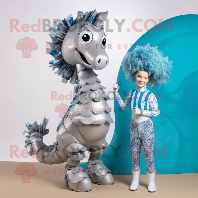 Silver Sea Horse mascot costume character dressed with a Playsuit and Hairpins Silver Sea Horse mascot costume character dressed with a Playsuit and Hairpins