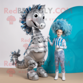 Silver Sea Horse mascot costume character dressed with a Playsuit and Hairpins