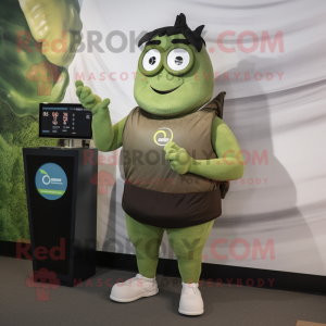 Olive Pho mascot costume character dressed with a Tank Top and Digital watches