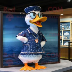 Navy Goose mascot costume character dressed with a Swimwear and Eyeglasses