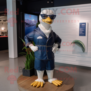 Navy Goose mascot costume character dressed with a Swimwear and Eyeglasses