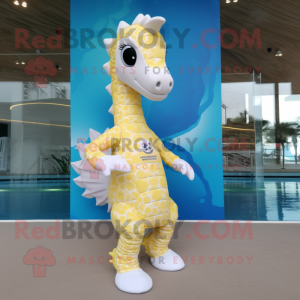 Cream Seahorse mascot costume character dressed with a Swimwear and Foot pads