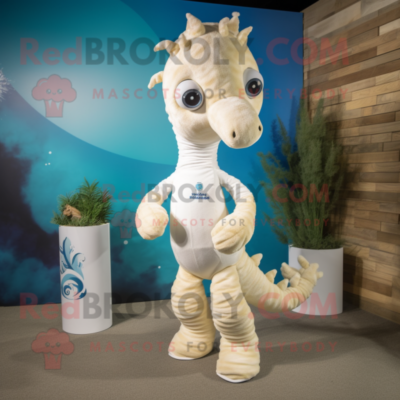Cream Seahorse mascot costume character dressed with a Swimwear and Foot pads Cream Seahorse mascot costume character dressed with a Swimwear and Foot pads