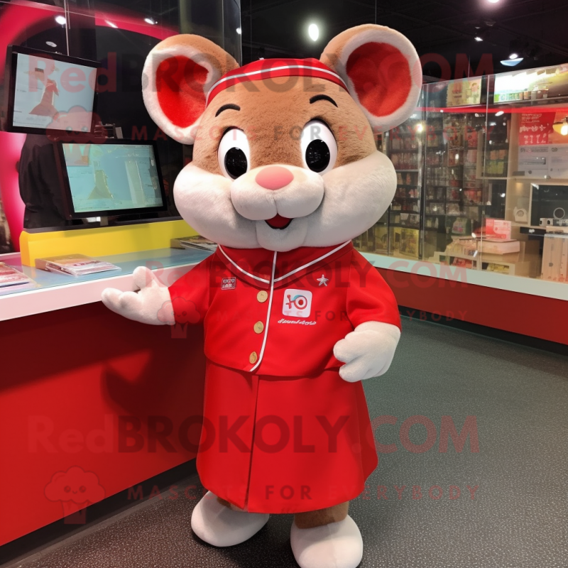 Red Mouse mascot costume character dressed with a Mini Dress and Keychains Red Mouse mascot costume character dressed with a Mini Dress and Keychains