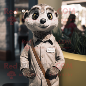 Gray Meerkat mascot costume character dressed with a Henley Shirt and Tie pins