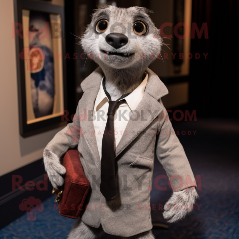 Gray Meerkat mascot costume character dressed with a Henley Shirt and Tie pins