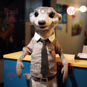 Gray Meerkat mascot costume character dressed with a Henley Shirt and Tie pins