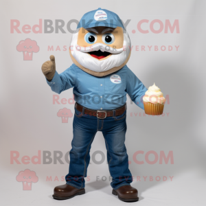 Cream Cupcake mascot costume character dressed with a Denim Shirt and Rings