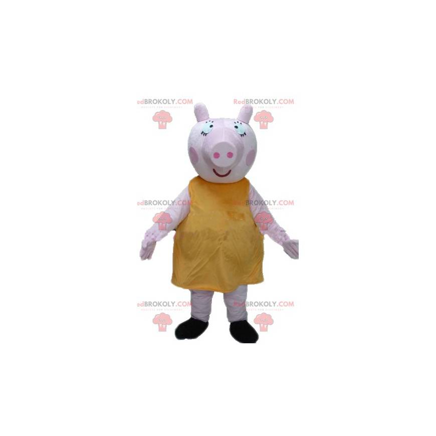 Groot roze varken mascotte met een dikke en grappige gele jurk