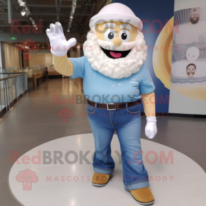 Cream Cupcake mascot costume character dressed with a Denim Shirt and Rings