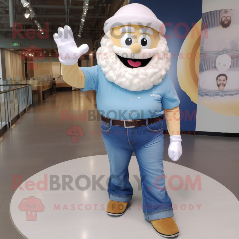 Cream Cupcake mascot costume character dressed with a Denim Shirt and Rings Cream Cupcake mascot costume character dressed with a Denim Shirt and Rings