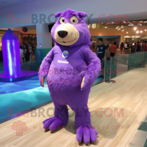 Purple Capybara mascot costume character dressed with a One-Piece Swimsuit and Shoe laces