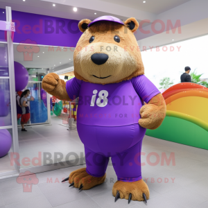 Purple Capybara mascot costume character dressed with a One-Piece Swimsuit and Shoe laces