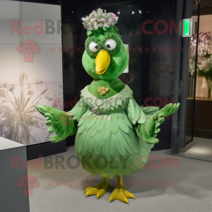 Green Hens mascot costume character dressed with a Evening Gown and Brooches