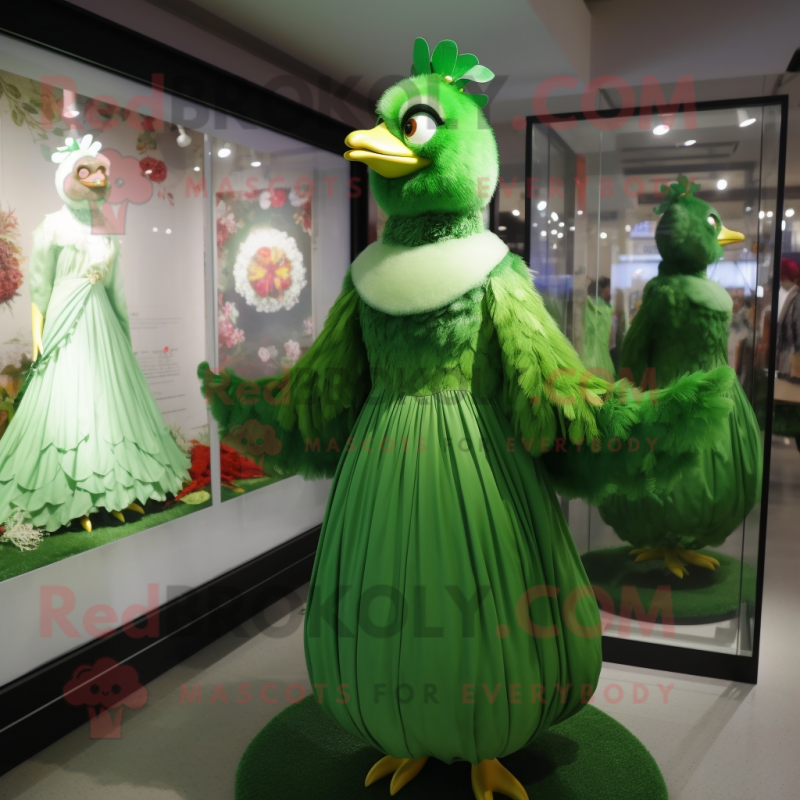 Green Hens mascot costume character dressed with a Evening Gown and Brooches Green Hens mascot costume character dressed with a Evening Gown and Brooches