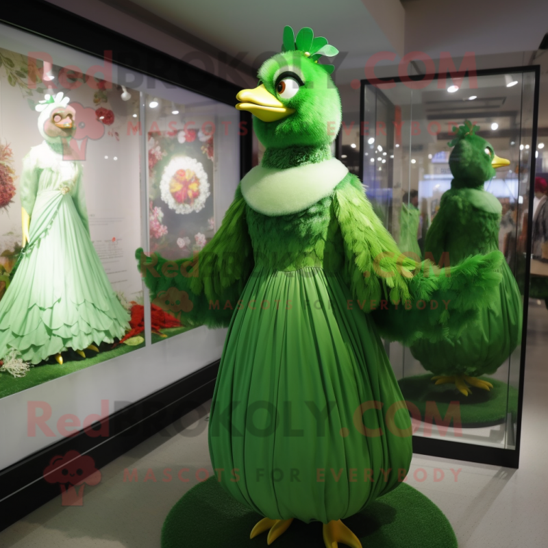 Green Hens mascot costume character dressed with a Evening Gown and Brooches