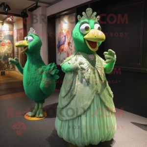 Green Hens mascot costume character dressed with a Evening Gown and Brooches