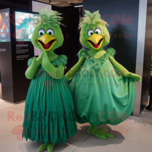 Green Hens mascot costume character dressed with a Evening Gown and Brooches